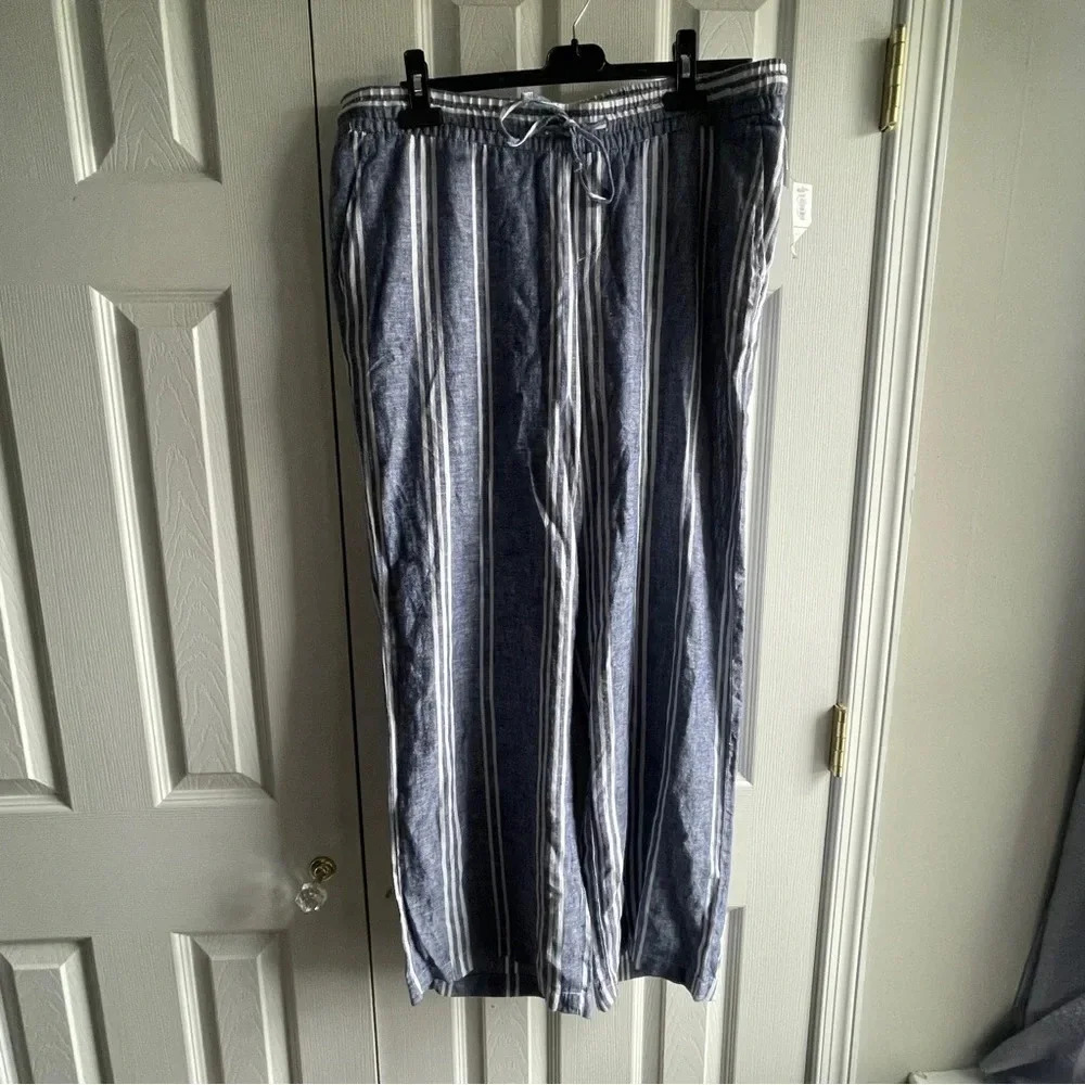 Old Navy Linen-Blend Pants Trousers Blue Striped Size Large
